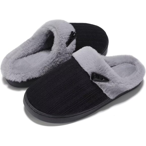 Women's Black Gray Scuff Faux Fur Lining Memory Warm Foam Plush Slippers Shoes - Picture 8 of 8